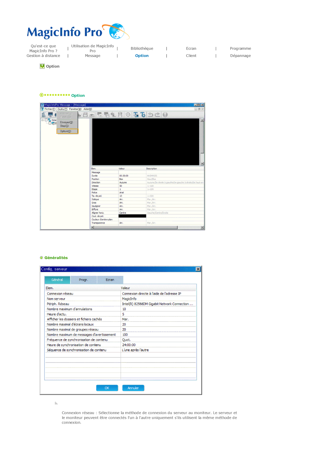 Samsung LH32MGTLBC/EN, LH32MGPPBC/EN, LH32MGPLBC/EN manual Option, Généralités 