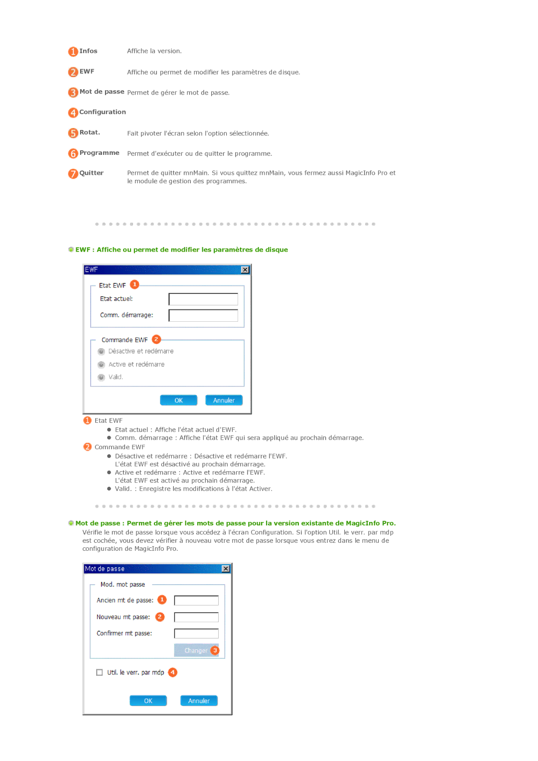 Samsung LH32MGPLBC/EN, LH32MGPPBC/EN manual Infos Affiche la version, Affiche ou permet de modifier les paramètres de disque 