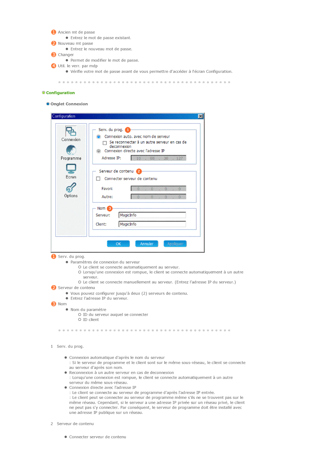 Samsung LH32MGPPBC/EN, LH32MGTLBC/EN, LH32MGPLBC/EN manual Configuration, Onglet Connexion 