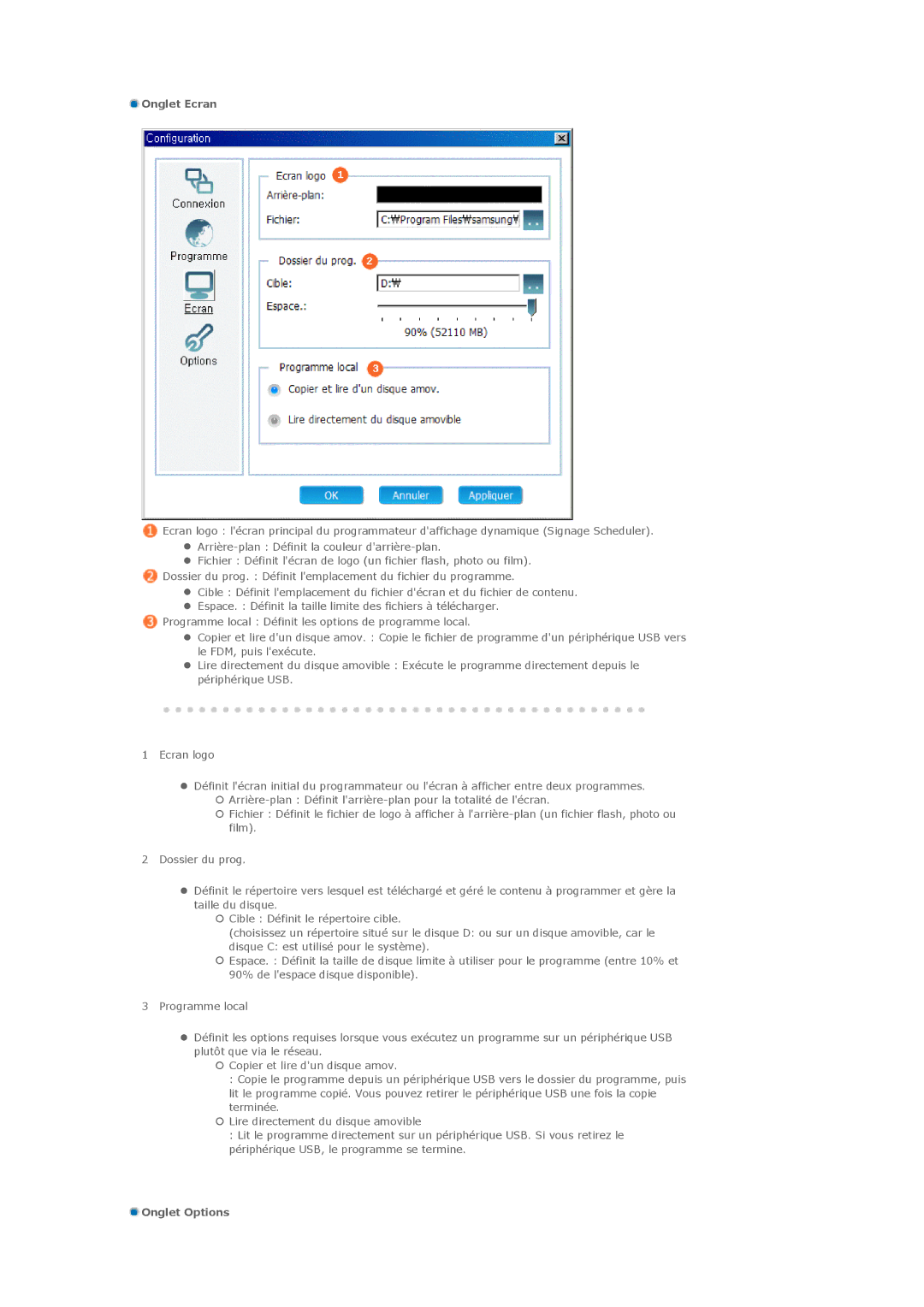 Samsung LH32MGPLBC/EN, LH32MGPPBC/EN, LH32MGTLBC/EN manual Onglet Ecran, Onglet Options 