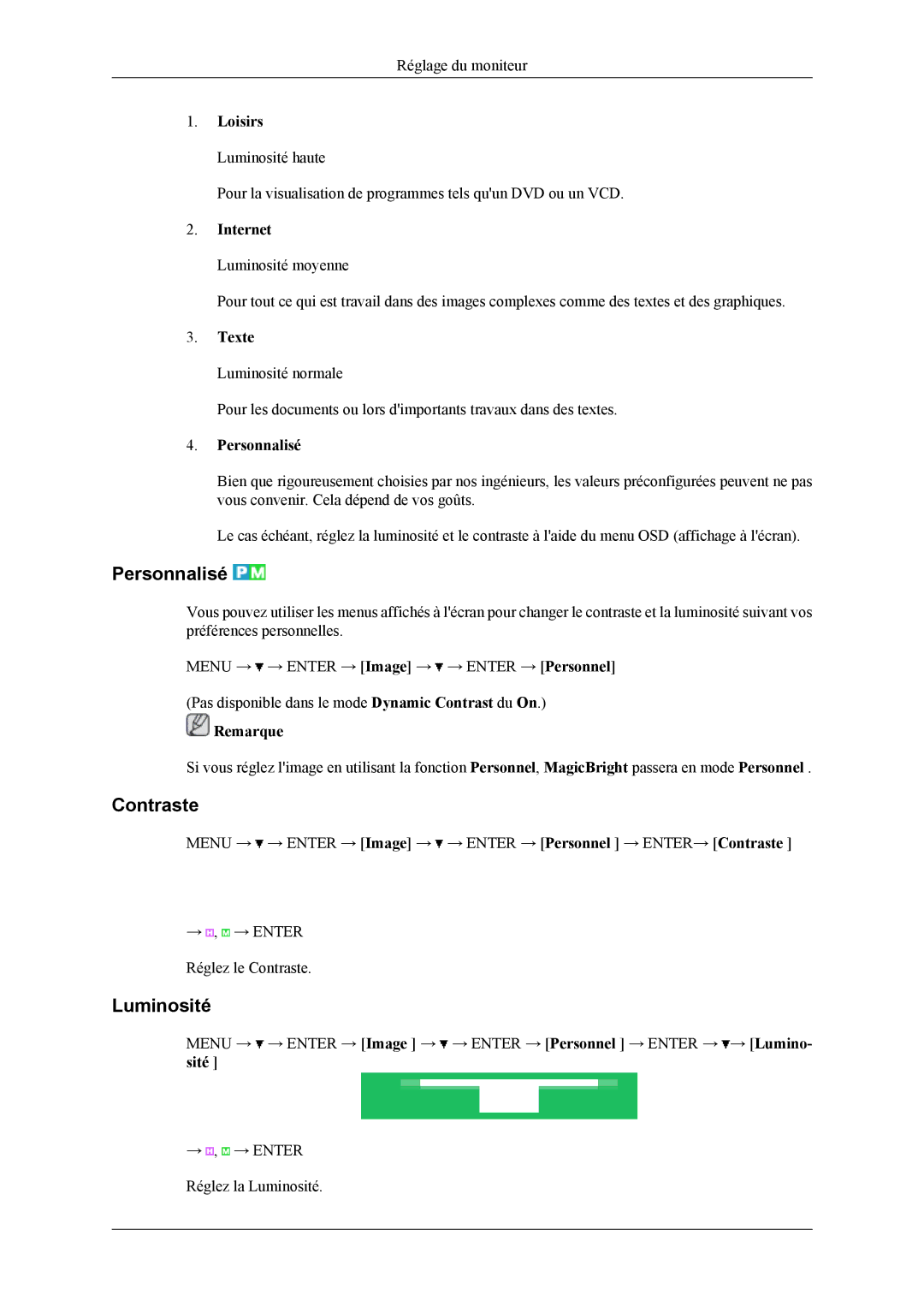 Samsung LH32MGPLBC/EN, LH32MGPPBC/EN, LH32MGTLBC/EN manual Personnalisé, Contraste, Luminosité 