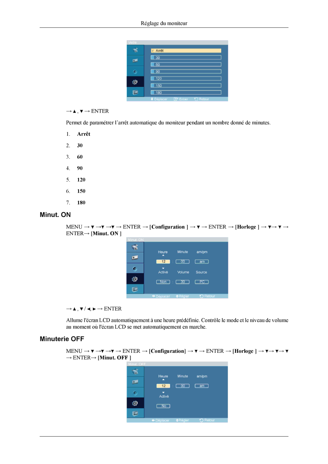 Samsung LH32MGPLBC/EN, LH32MGPPBC/EN, LH32MGTLBC/EN manual Minut. on, Minuterie OFF, → ENTER→ Minut. OFF 