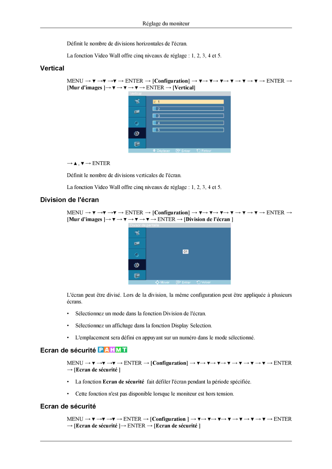 Samsung LH32MGPPBC/EN, LH32MGTLBC/EN, LH32MGPLBC/EN manual Vertical, Division de lécran, → Ecran de sécurité 