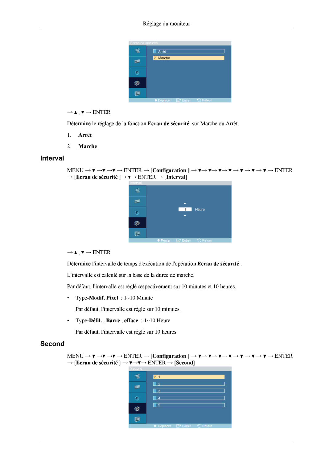 Samsung LH32MGTLBC/EN manual → Ecran de sécurité → → Enter → Interval, → Ecran de sécurité → → → Enter → Second 