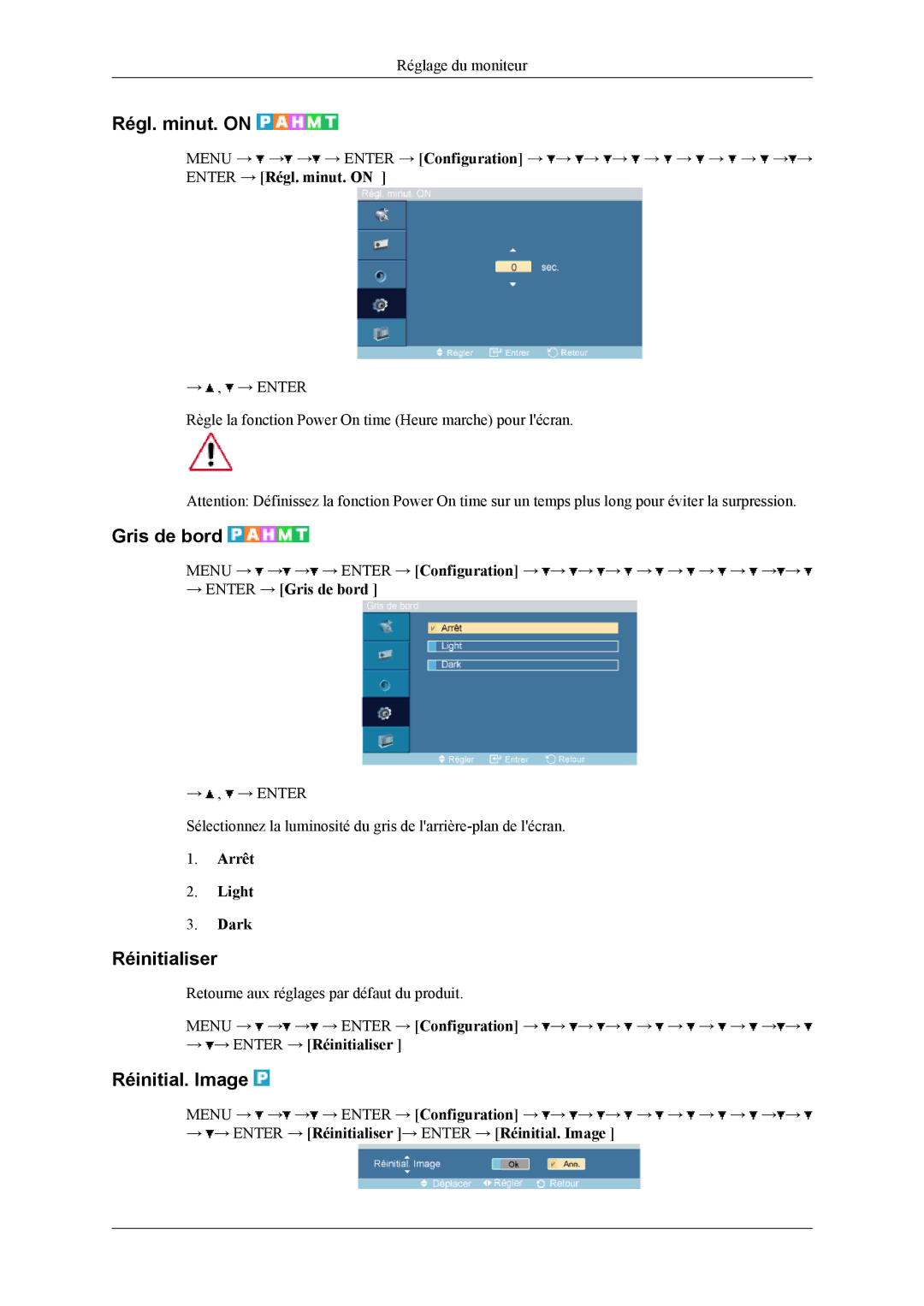 Samsung LH32MGTLBC/EN, LH32MGPPBC/EN, LH32MGPLBC/EN manual Régl. minut. on, Gris de bord, Réinitialiser, Réinitial. Image 
