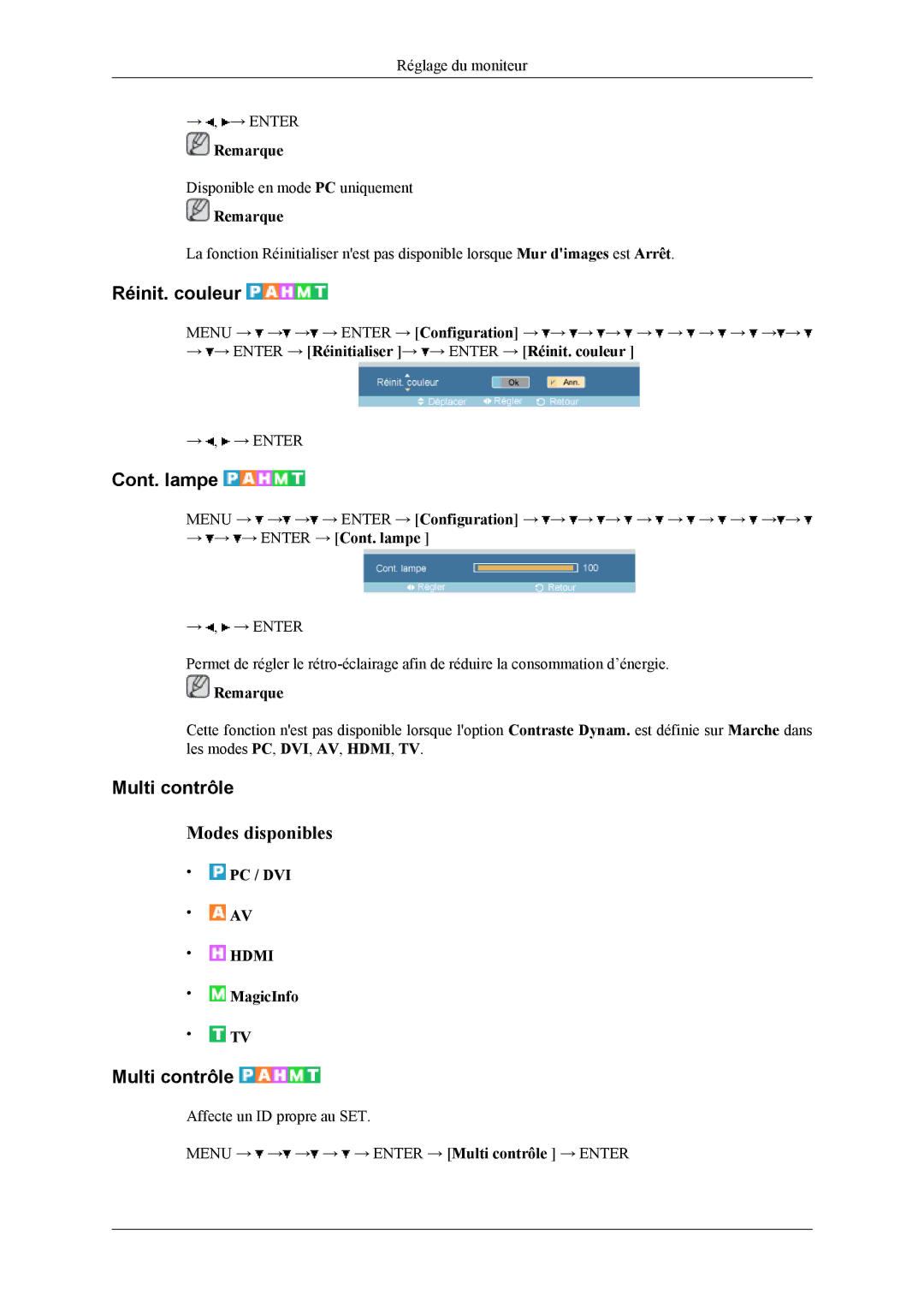 Samsung LH32MGPLBC/EN manual Cont. lampe, Multi contrôle, → → Enter → Réinitialiser → → Enter → Réinit. couleur 