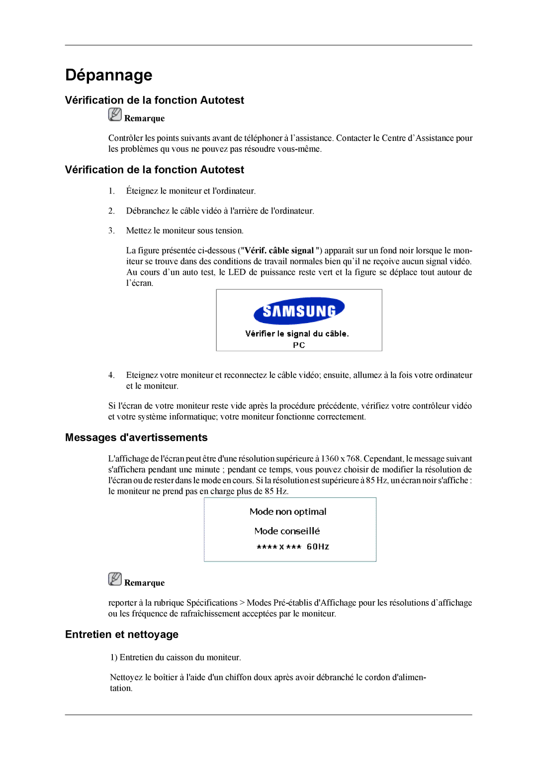 Samsung LH32MGPLBC/EN manual Vérification de la fonction Autotest, Messages davertissements, Entretien et nettoyage 