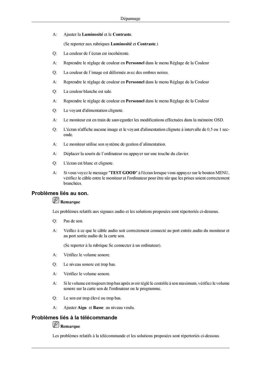 Samsung LH32MGPLBC/EN manual Problèmes liés au son, Problèmes liés à la télécommande, Ajuster la Luminosité et le Contraste 