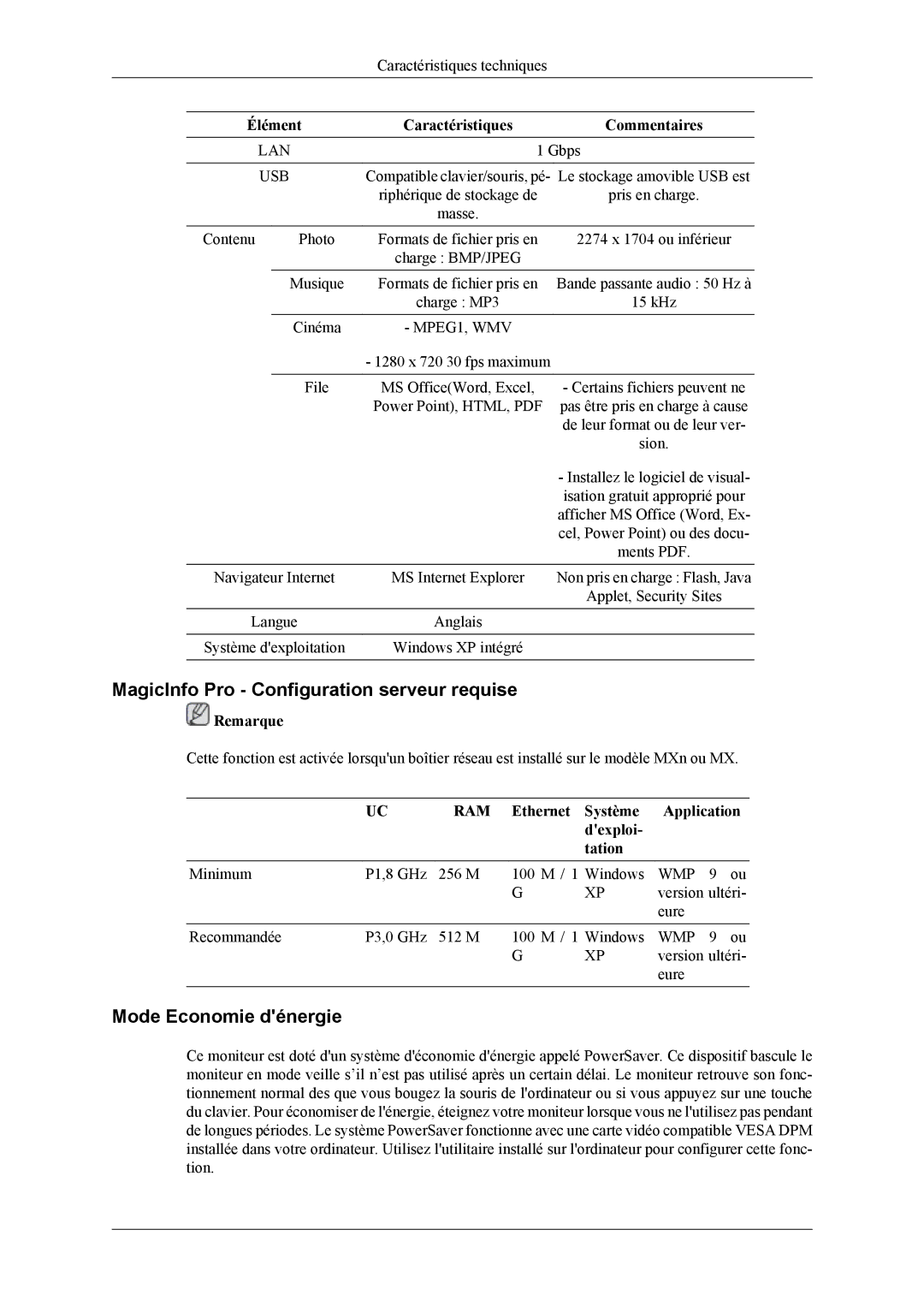 Samsung LH32MGTLBC/EN, LH32MGPPBC/EN, LH32MGPLBC/EN MagicInfo Pro Configuration serveur requise, Mode Economie dénergie 