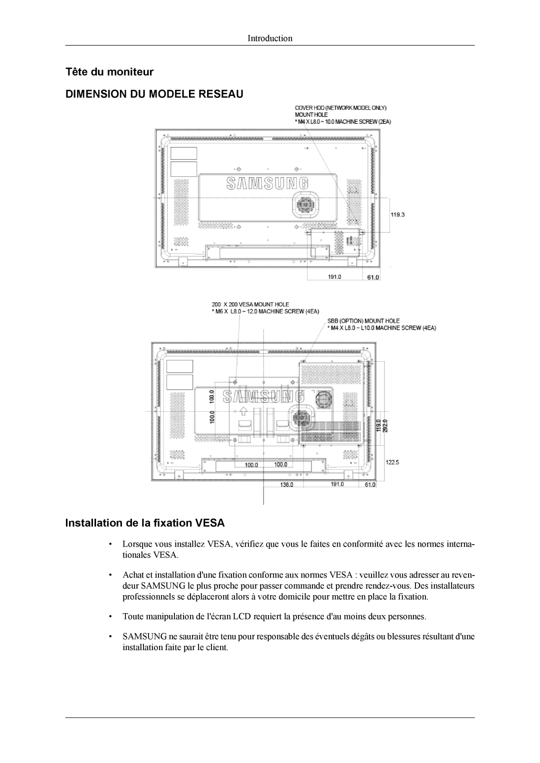 Samsung LH32MGTLBC/EN, LH32MGPPBC/EN, LH32MGPLBC/EN manual Tête du moniteur, Installation de la fixation Vesa 