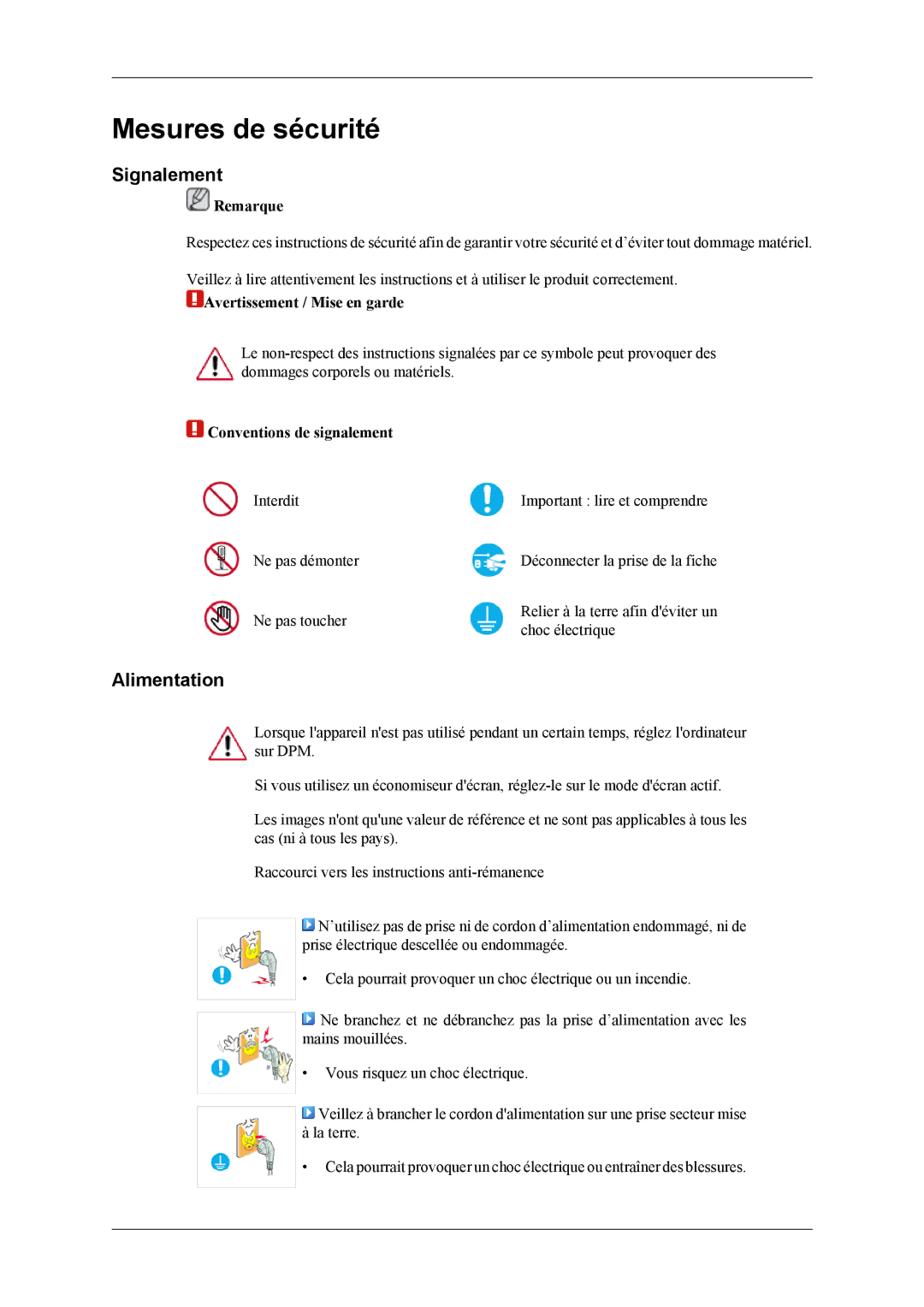 Samsung LH32MGPLBC/EN manual Signalement, Alimentation, Remarque, Avertissement / Mise en garde, Conventions de signalement 