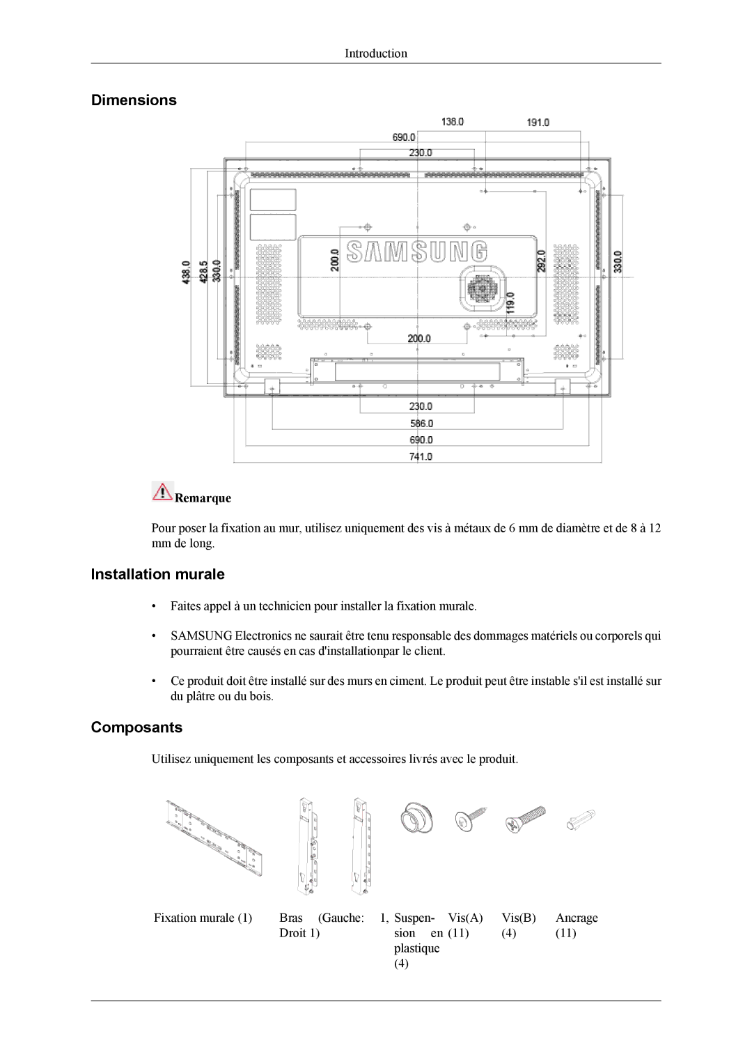 Samsung LH32MGPLBC/EN, LH32MGPPBC/EN, LH32MGTLBC/EN manual Dimensions, Installation murale, Composants 