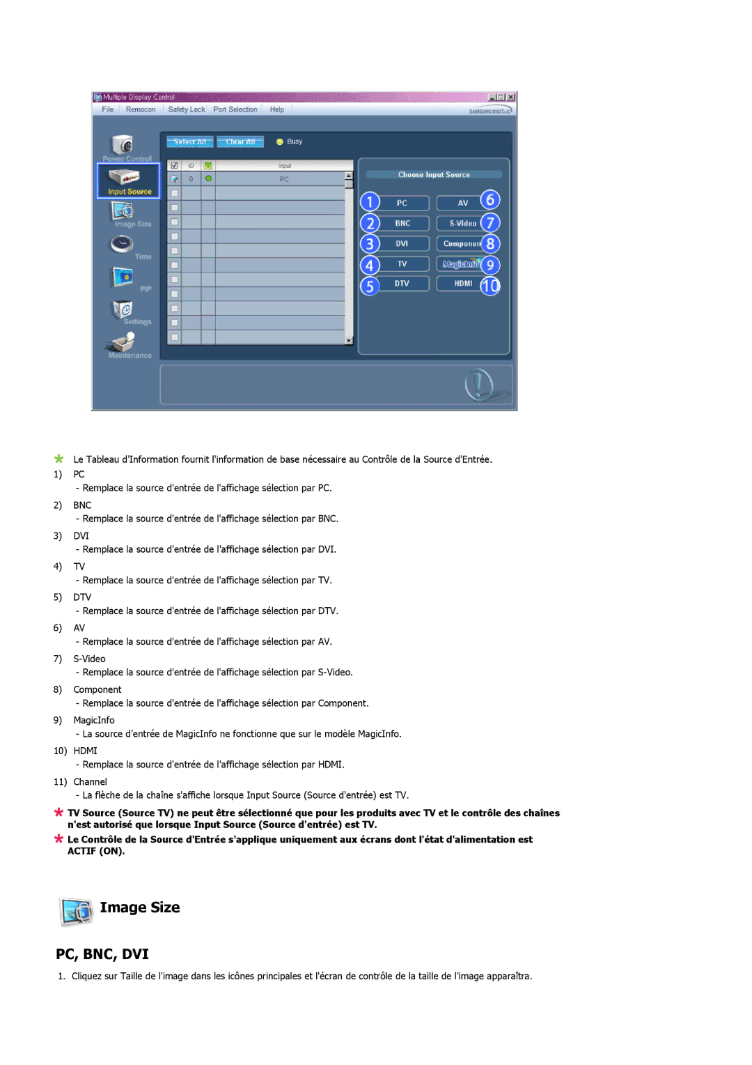 Samsung LH32MGPPBC/EN, LH32MGTLBC/EN, LH32MGPLBC/EN manual Image Size, Pc, Bnc, Dvi 