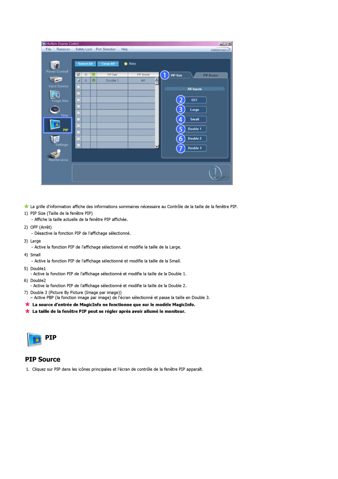 Samsung LH32MGTLBC/EN, LH32MGPPBC/EN, LH32MGPLBC/EN manual PIP Source 