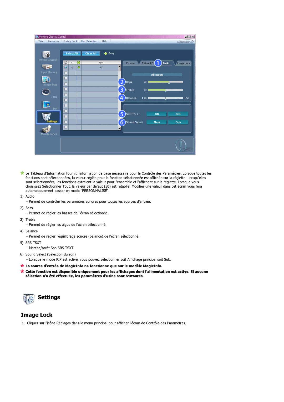 Samsung LH32MGPLBC/EN, LH32MGPPBC/EN, LH32MGTLBC/EN manual Settings Image Lock, SRS Tsxt 