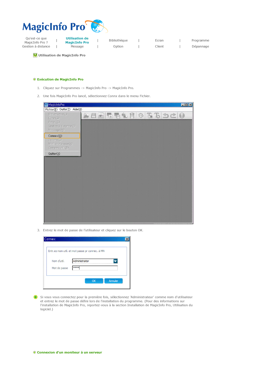 Samsung LH32MGTLBC/EN manual Utilisation de MagicInfo Pro, Exécution de MagicInfo Pro, Connexion dun moniteur à un serveur 