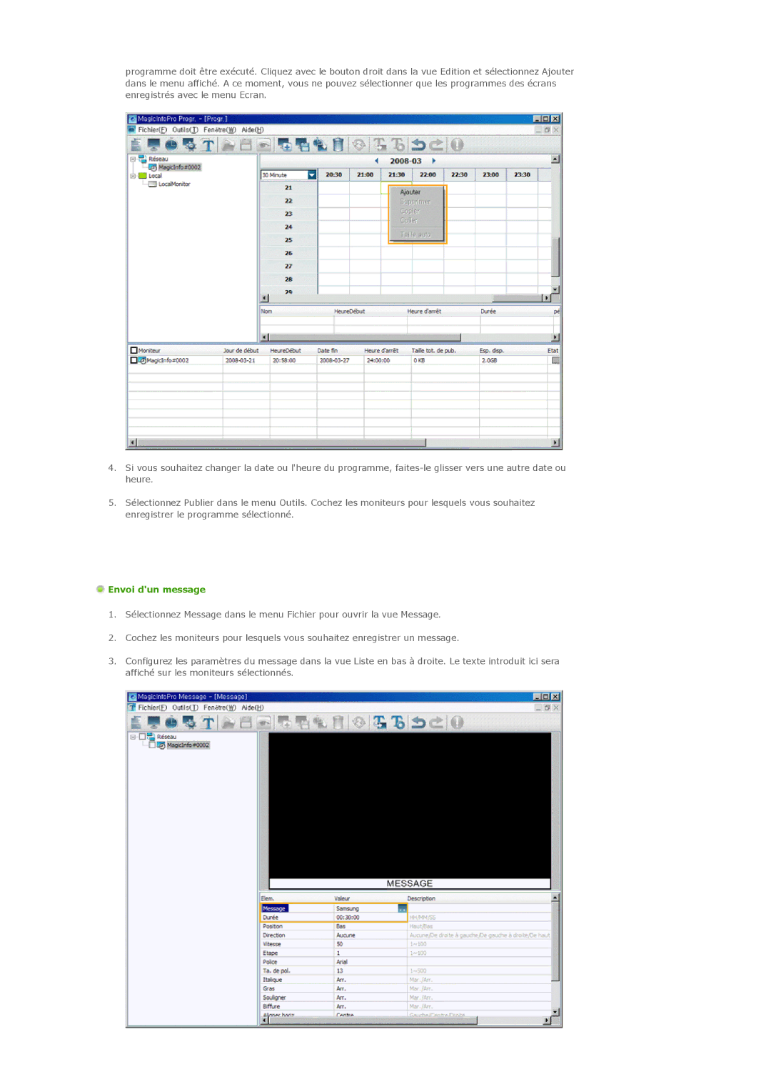 Samsung LH32MGPPBC/EN, LH32MGTLBC/EN, LH32MGPLBC/EN manual Envoi dun message 