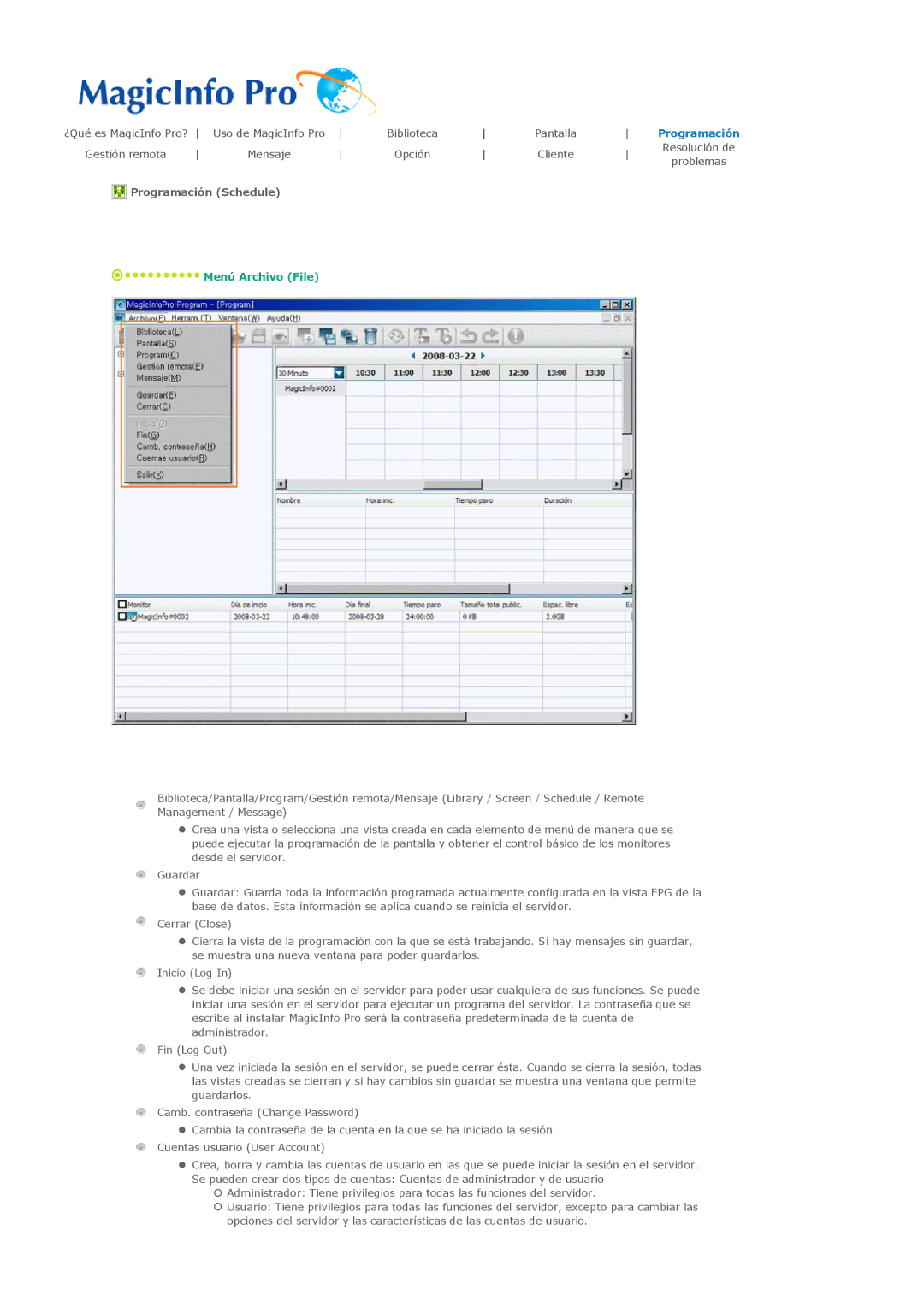 Samsung LH32MGPLSC/EN, LH32MGTLBC/EN, LH32MGPLBC/EN, LH32MGTABU/EN manual Programación Schedule 