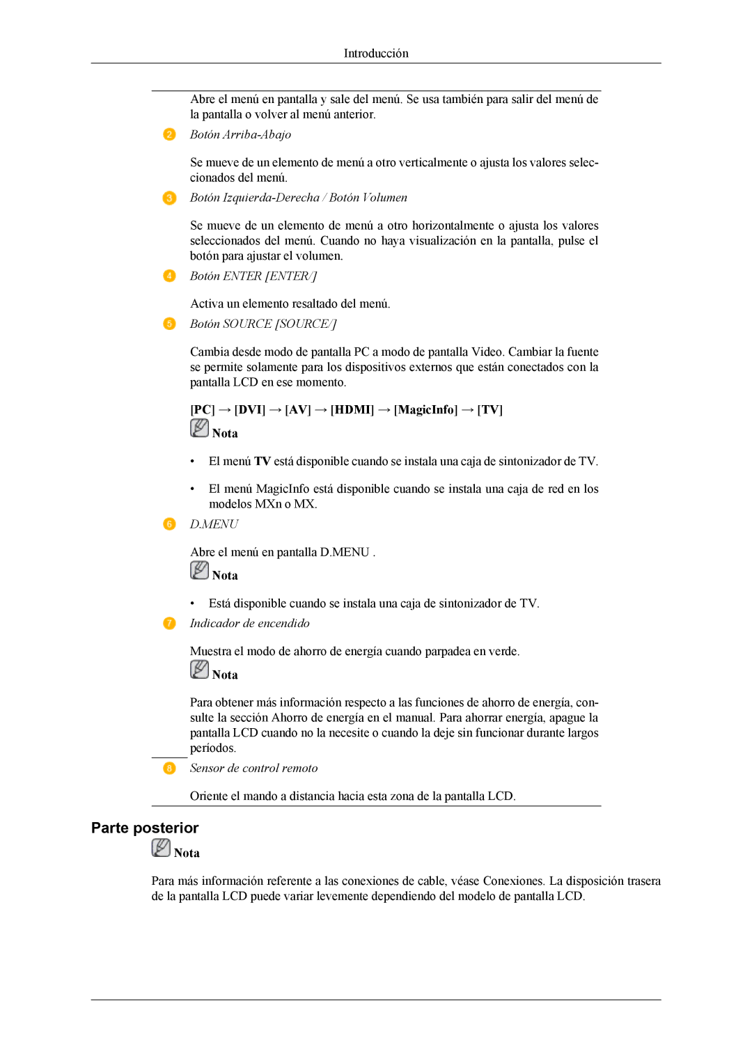 Samsung LH32MGTLBC/EN, LH32MGPLBC/EN, LH32MGPLSC/EN, LH32MGTABU/EN manual Parte posterior, Botón Arriba-Abajo 