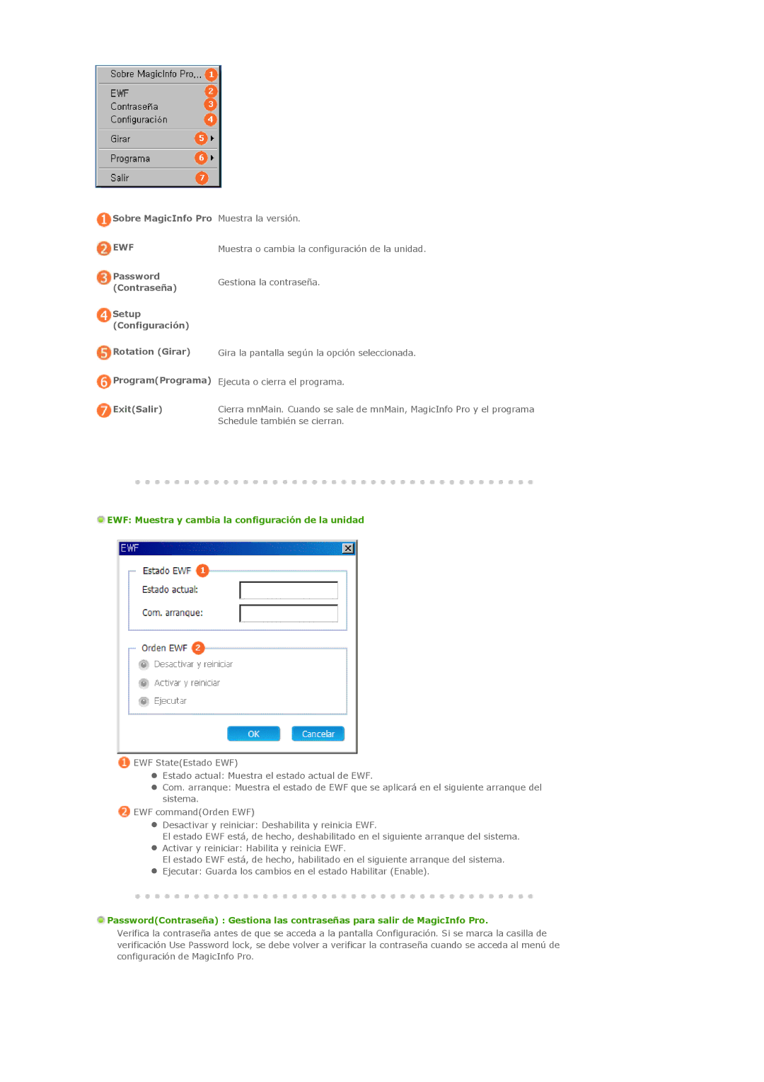 Samsung LH32MGTABU/EN, LH32MGTLBC/EN, LH32MGPLBC/EN Sobre MagicInfo Pro, EWF Muestra y cambia la configuración de la unidad 