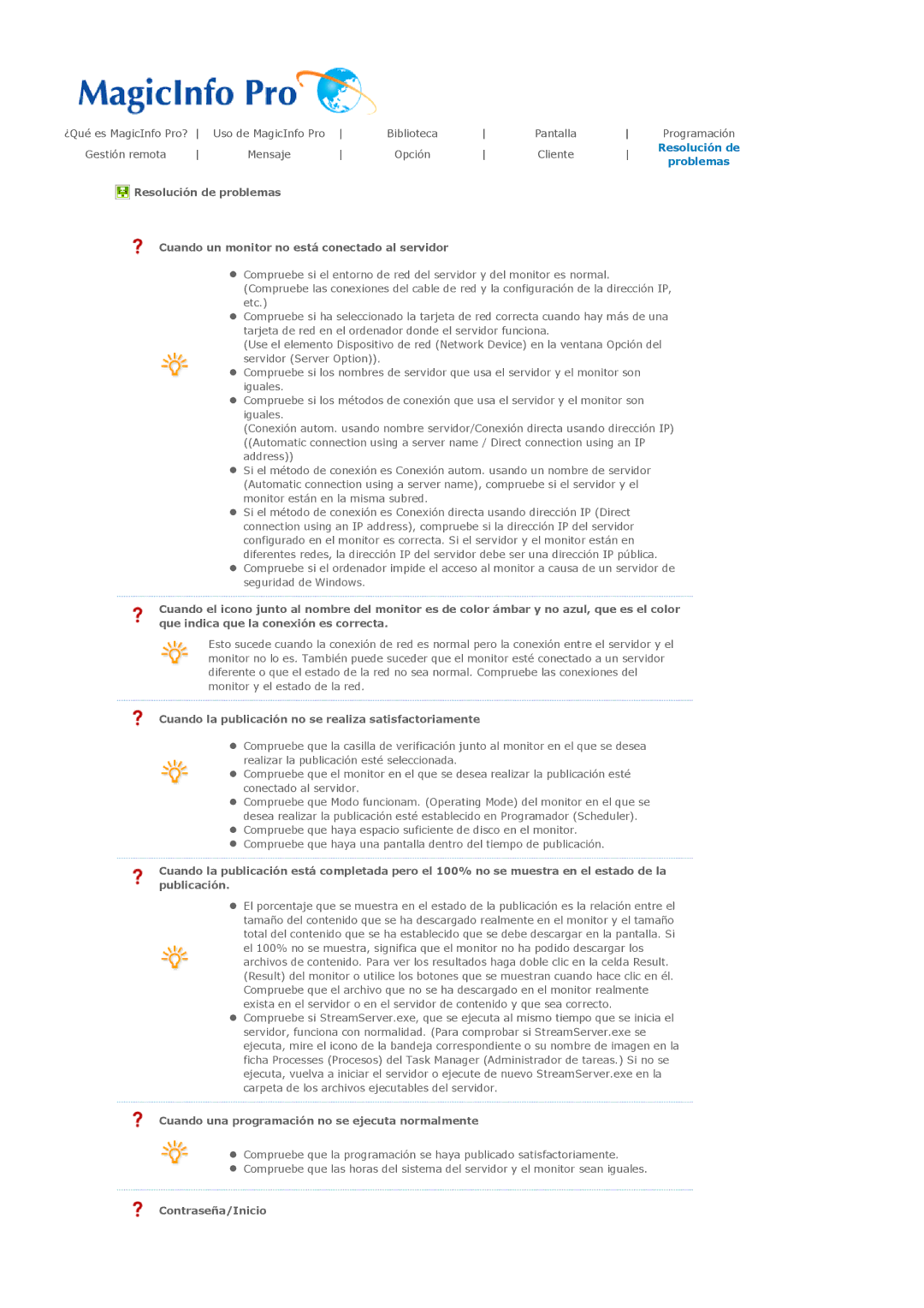 Samsung LH32MGTLBC/EN, LH32MGPLBC/EN manual Cuando la publicación no se realiza satisfactoriamente, Contraseña/Inicio 