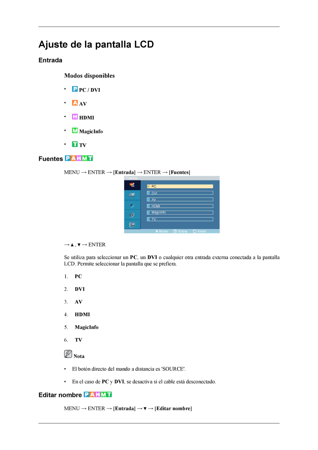 Samsung LH32MGPLSC/EN, LH32MGTLBC/EN, LH32MGPLBC/EN, LH32MGTABU/EN manual Entrada, Fuentes, Editar nombre 