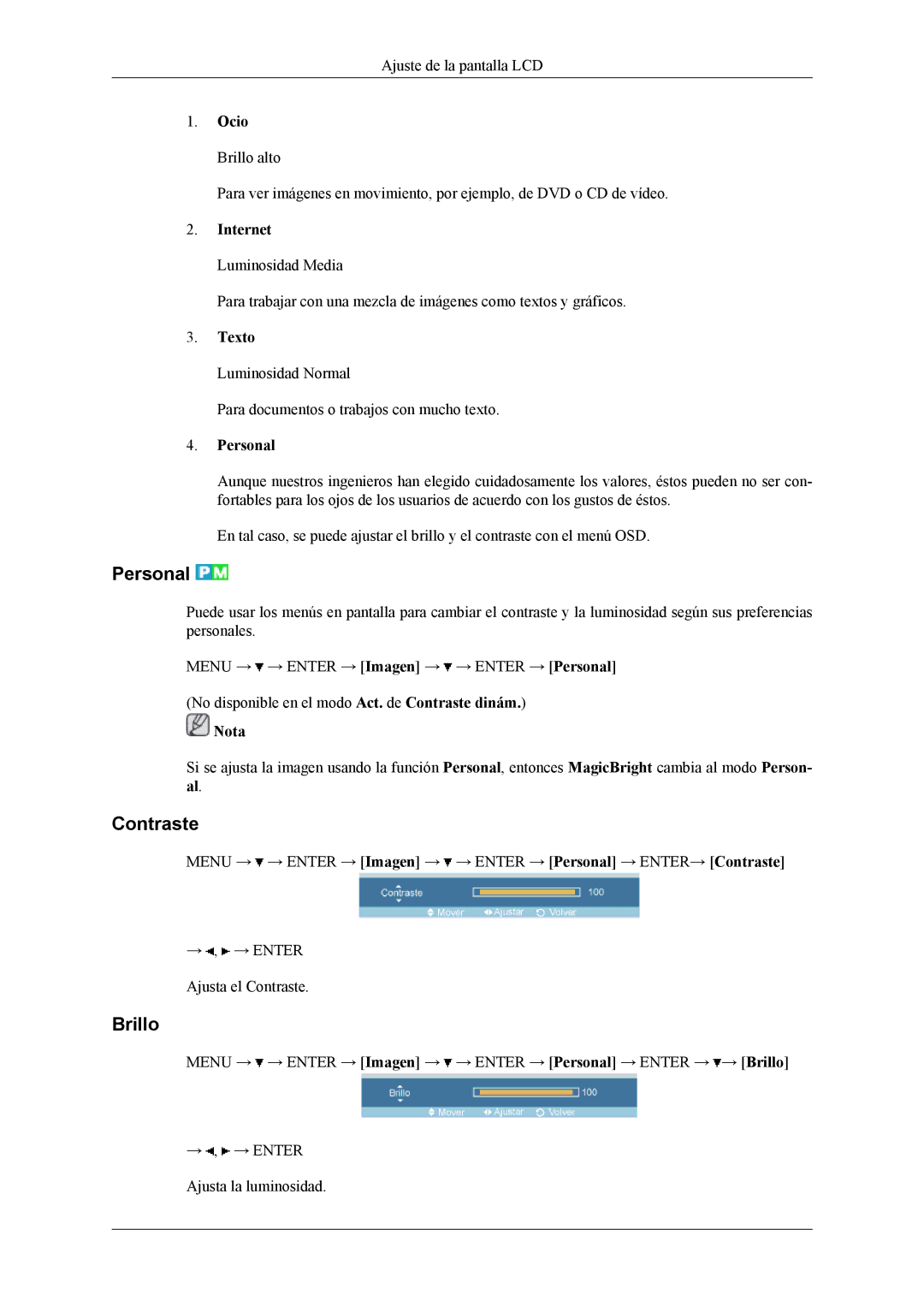 Samsung LH32MGTLBC/EN, LH32MGPLBC/EN, LH32MGPLSC/EN, LH32MGTABU/EN manual Personal, Contraste, Brillo 