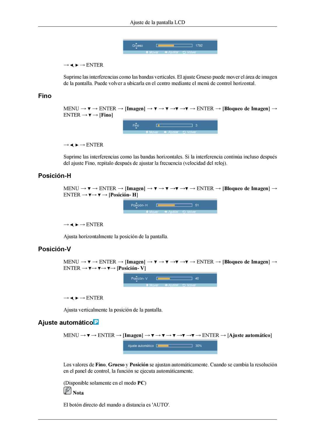 Samsung LH32MGTABU/EN, LH32MGTLBC/EN, LH32MGPLBC/EN, LH32MGPLSC/EN manual Fino, Posición-H, Posición-V, Ajuste automático 