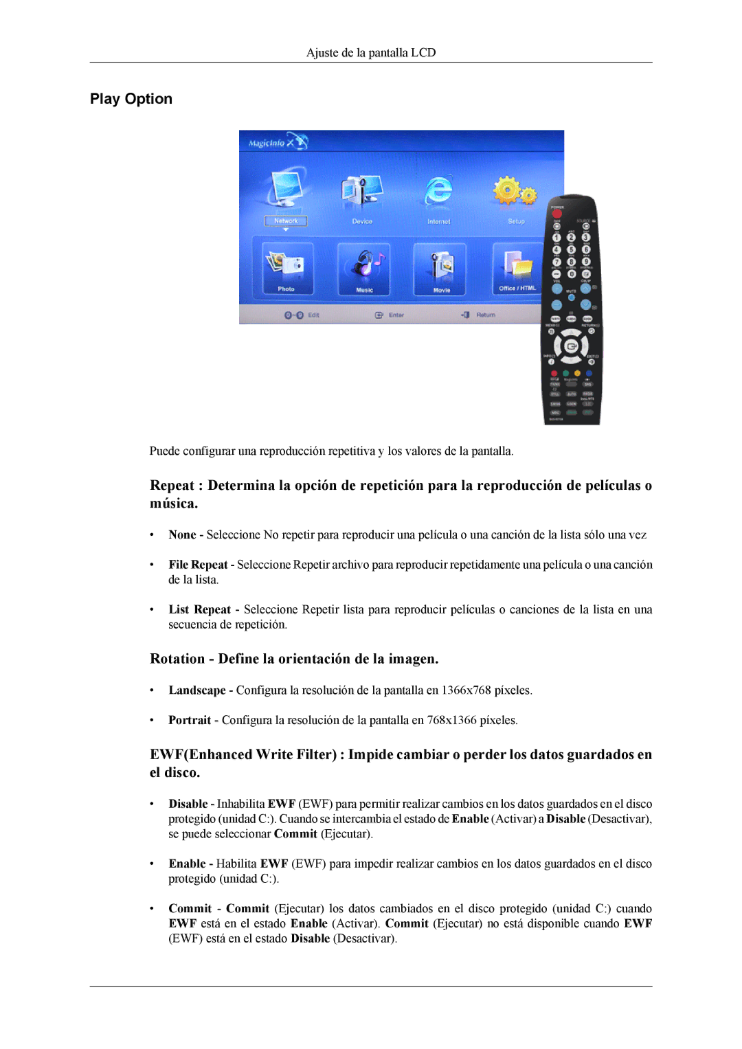 Samsung LH32MGTABU/EN, LH32MGTLBC/EN, LH32MGPLBC/EN, LH32MGPLSC/EN Play Option, Rotation Define la orientación de la imagen 