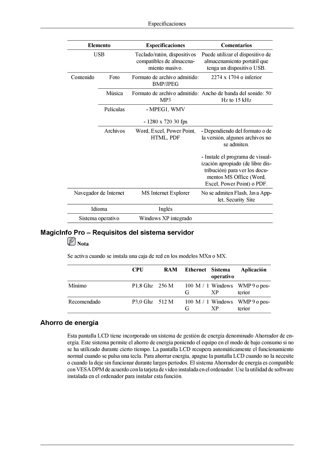 Samsung LH32MGTLBC/EN, LH32MGPLBC/EN, LH32MGPLSC/EN manual MagicInfo Pro Requisitos del sistema servidor, Ahorro de energía 