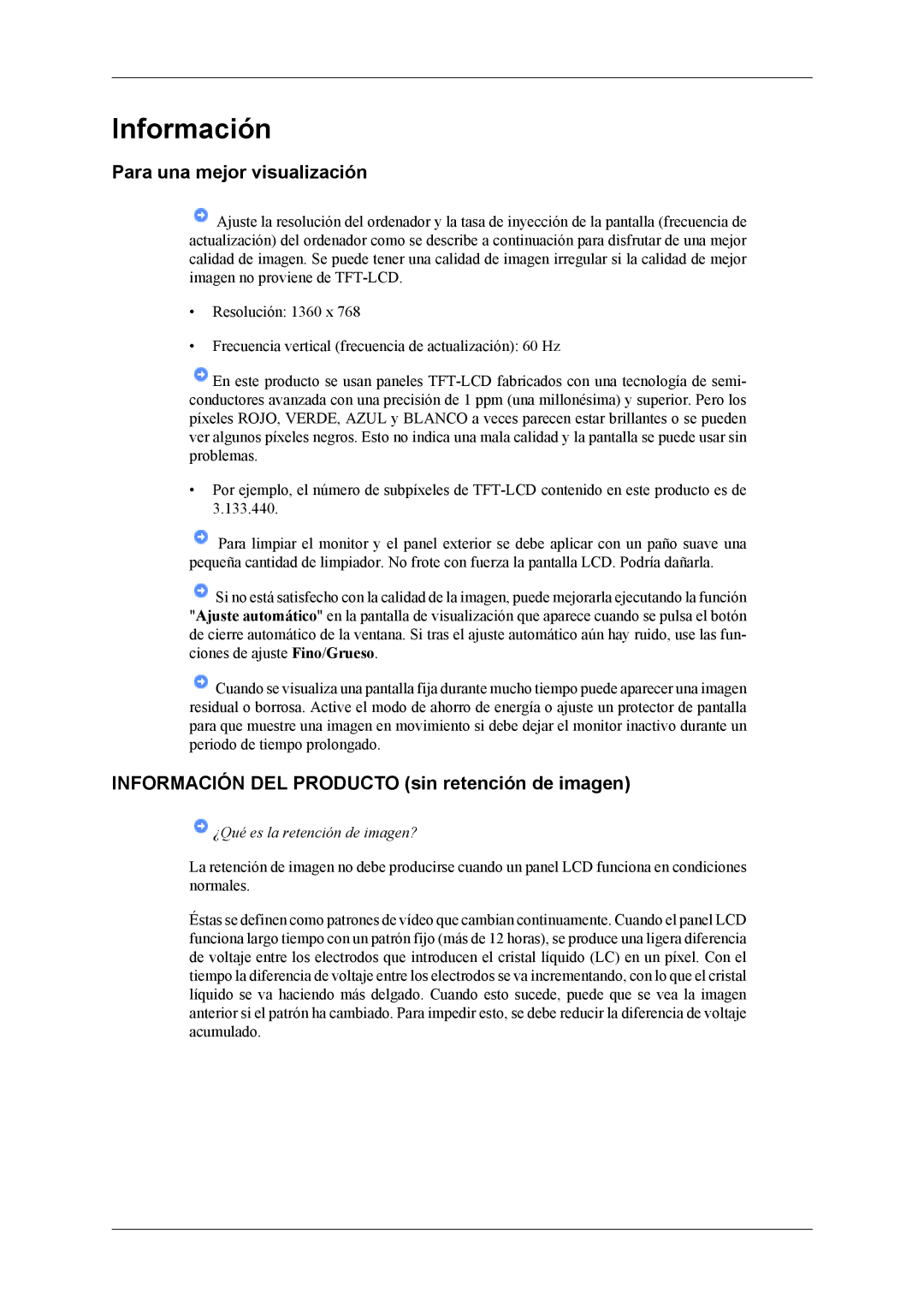 Samsung LH32MGTABU/EN, LH32MGTLBC/EN manual Para una mejor visualización, Información DEL Producto sin retención de imagen 