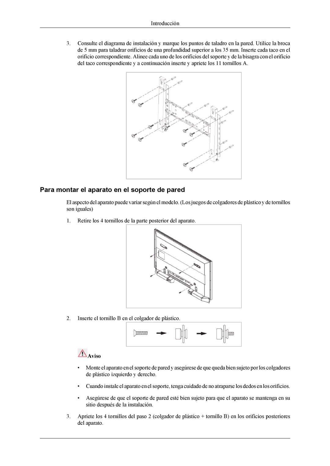 Samsung LH32MGTABU/EN, LH32MGTLBC/EN, LH32MGPLBC/EN, LH32MGPLSC/EN manual Para montar el aparato en el soporte de pared 