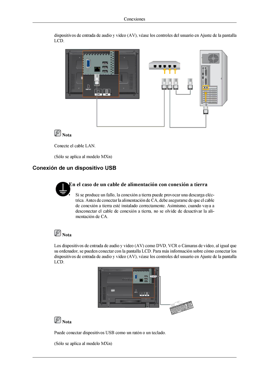 Samsung LH32MGPLSC/EN, LH32MGTLBC/EN, LH32MGPLBC/EN, LH32MGTABU/EN manual Conexión de un dispositivo USB 