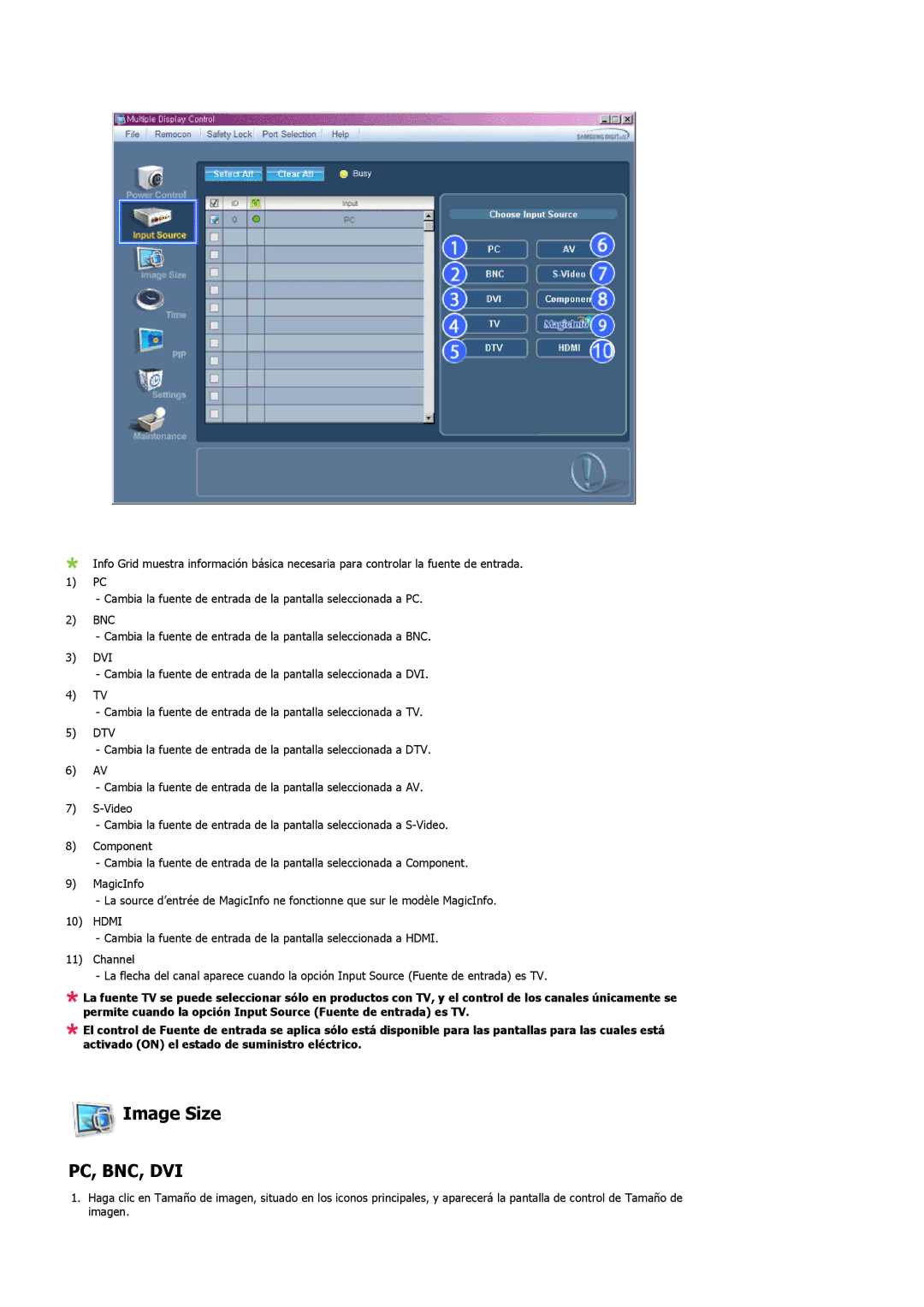 Samsung LH32MGTLBC/EN, LH32MGPLBC/EN, LH32MGPLSC/EN, LH32MGTABU/EN manual Image Size, Pc, Bnc, Dvi 