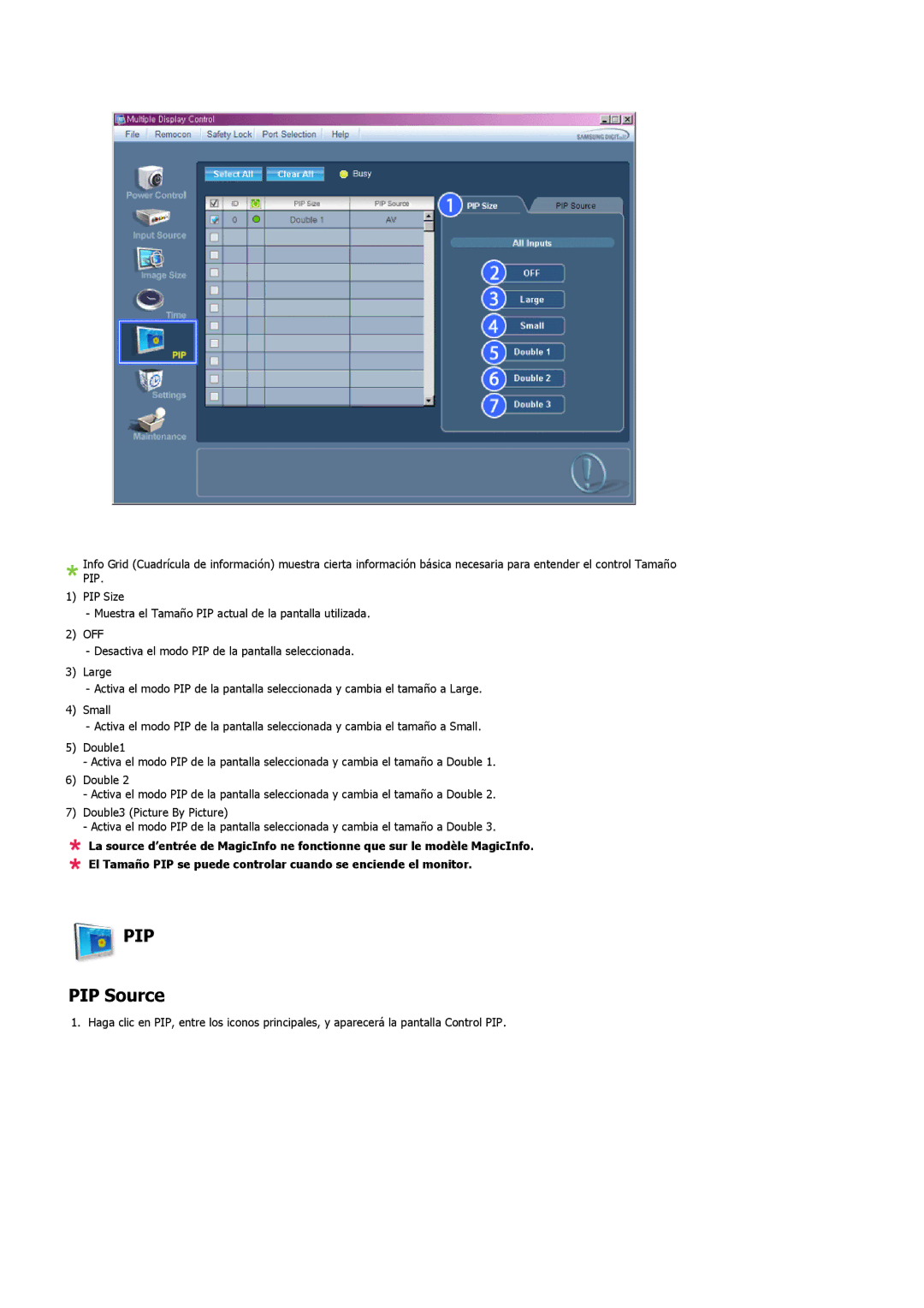 Samsung LH32MGTLBC/EN, LH32MGPLBC/EN, LH32MGPLSC/EN, LH32MGTABU/EN manual PIP Source 