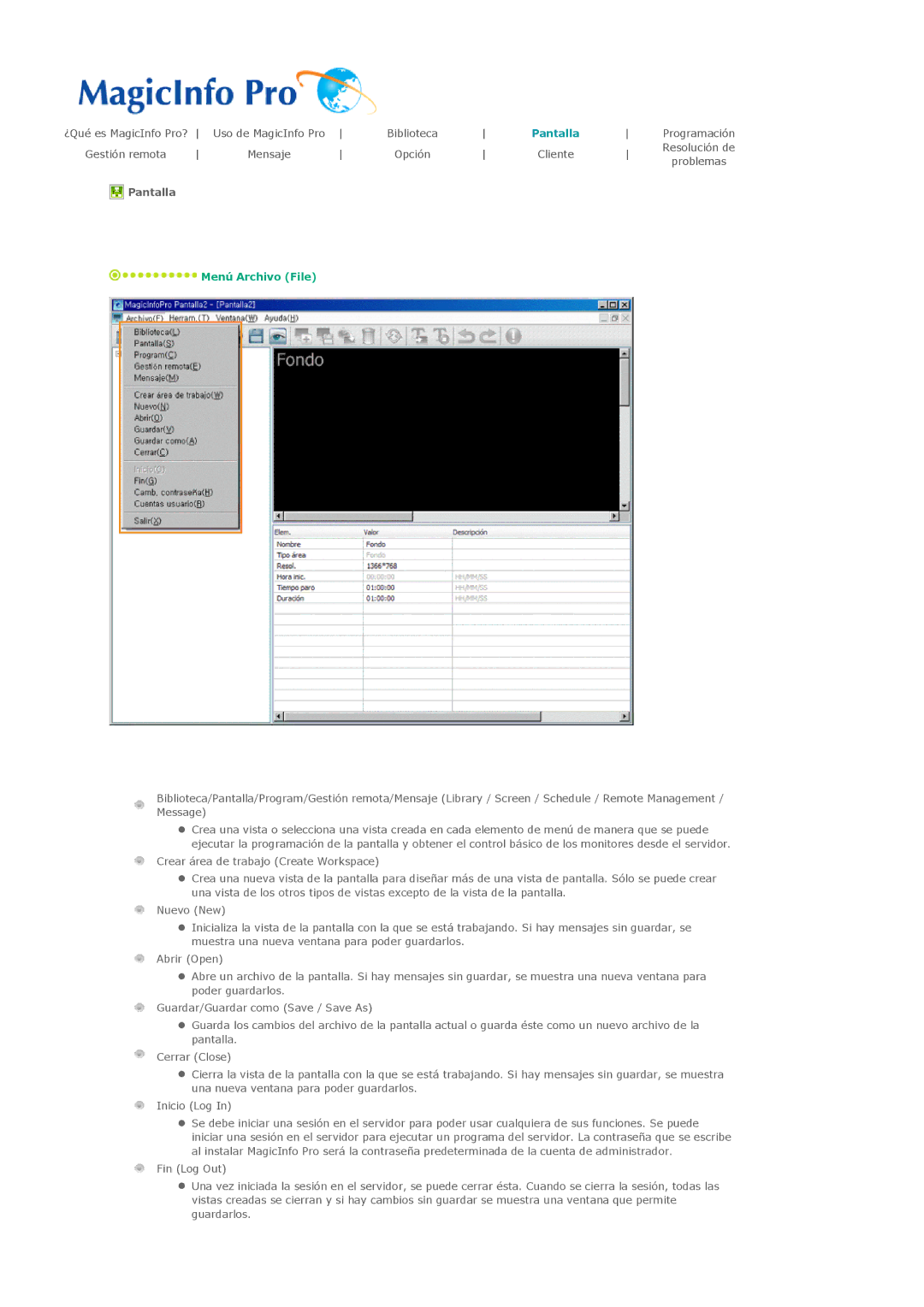 Samsung LH32MGTLBC/EN, LH32MGPLBC/EN, LH32MGPLSC/EN, LH32MGTABU/EN manual Pantalla, Menú Archivo File 