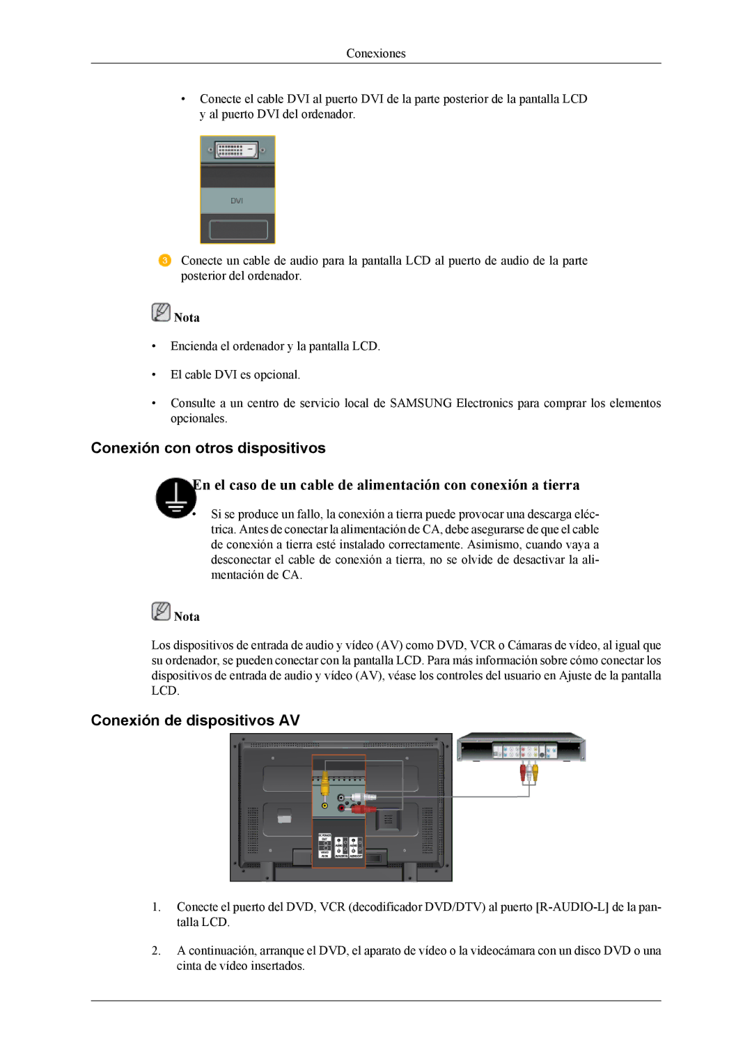 Samsung LH32MGTLBC/EN, LH32MGPLBC/EN, LH32MGPLSC/EN manual Conexión con otros dispositivos, Conexión de dispositivos AV 