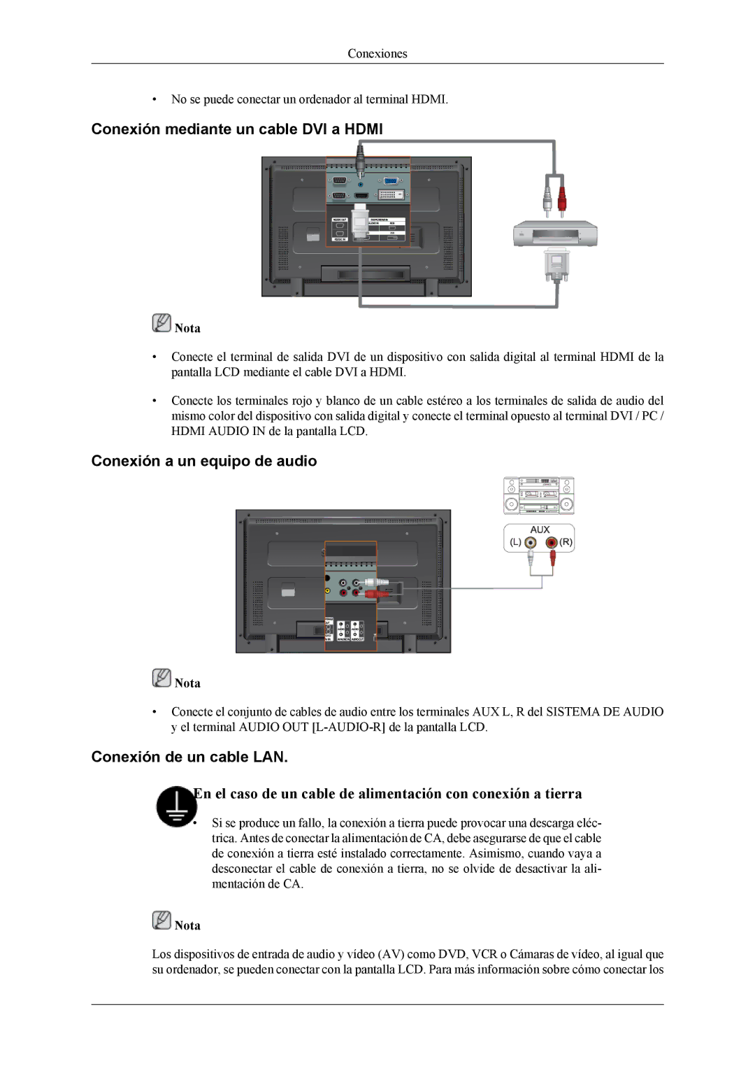 Samsung LH32MGPLSC/EN manual Conexión mediante un cable DVI a Hdmi, Conexión a un equipo de audio, Conexión de un cable LAN 