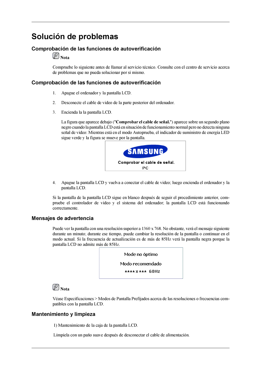 Samsung LH32MGTLBC/EN Comprobación de las funciones de autoverificación, Mensajes de advertencia, Mantenimiento y limpieza 