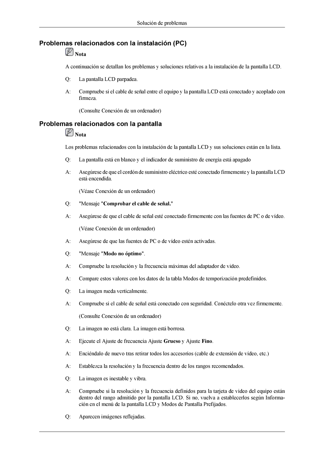 Samsung LH32MGPLSC/EN, LH32MGTLBC/EN Problemas relacionados con la instalación PC, Problemas relacionados con la pantalla 