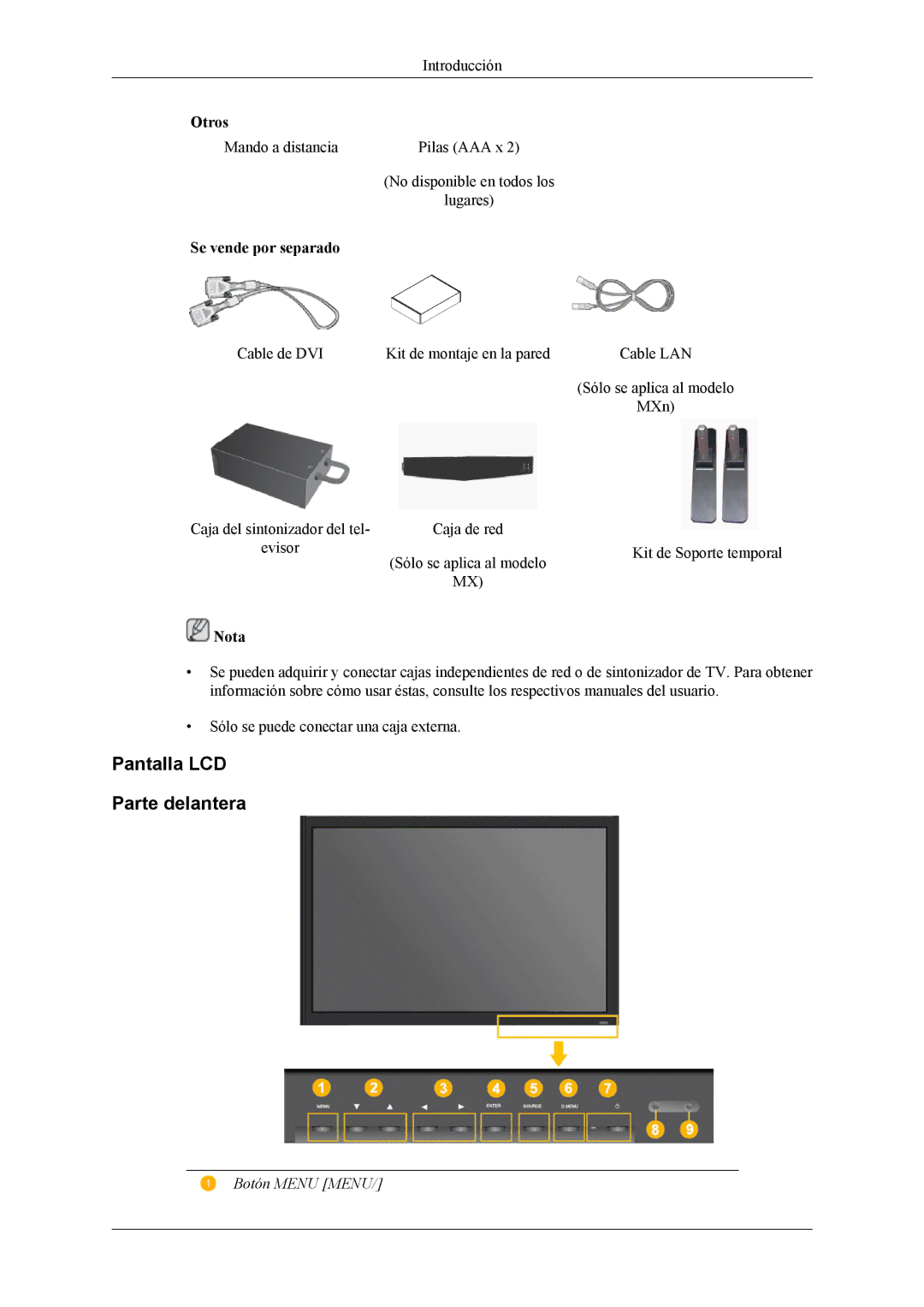 Samsung LH32MGTABU/EN, LH32MGTLBC/EN, LH32MGPLBC/EN, LH32MGPLSC/EN manual Pantalla LCD Parte delantera, Botón Menu Menu 