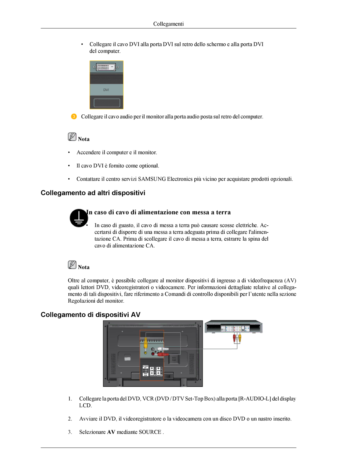 Samsung LH32MGTLBC/EN, LH32MGPLBC/EN manual Collegamento ad altri dispositivi, Collegamento di dispositivi AV 