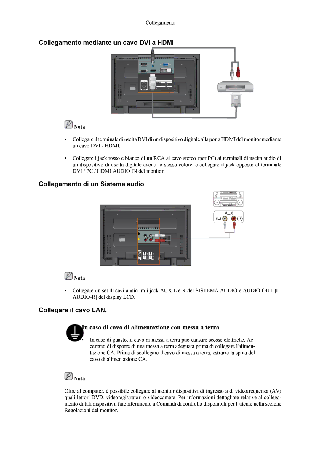 Samsung LH32MGTLBC/EN Collegamento mediante un cavo DVI a Hdmi, Collegamento di un Sistema audio, Collegare il cavo LAN 