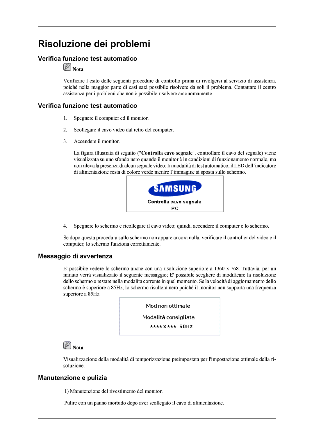 Samsung LH32MGTLBC/EN, LH32MGPLBC/EN Verifica funzione test automatico, Messaggio di avvertenza, Manutenzione e pulizia 