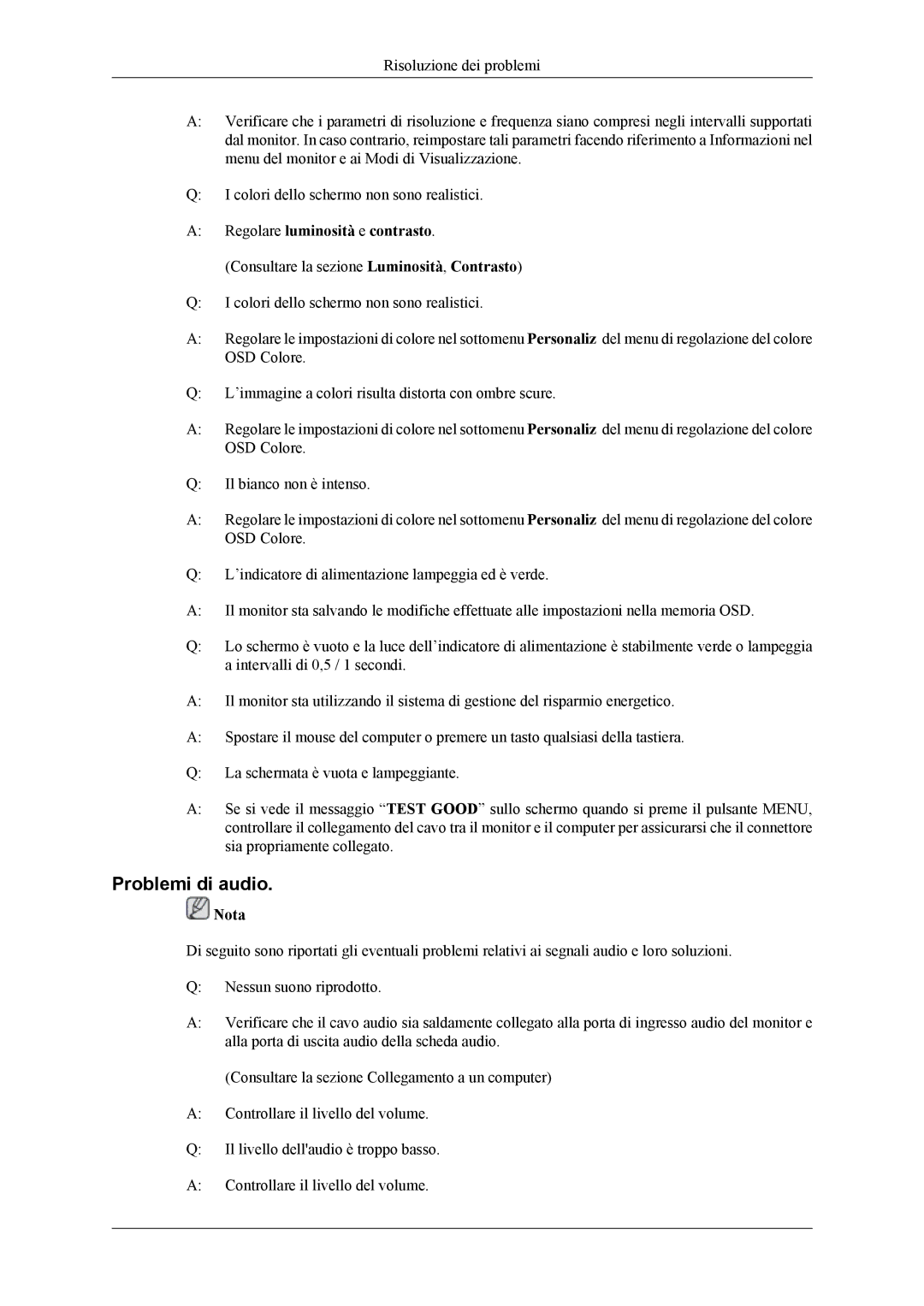 Samsung LH32MGPLBC/EN, LH32MGTLBC/EN manual Problemi di audio, Regolare luminosità e contrasto 