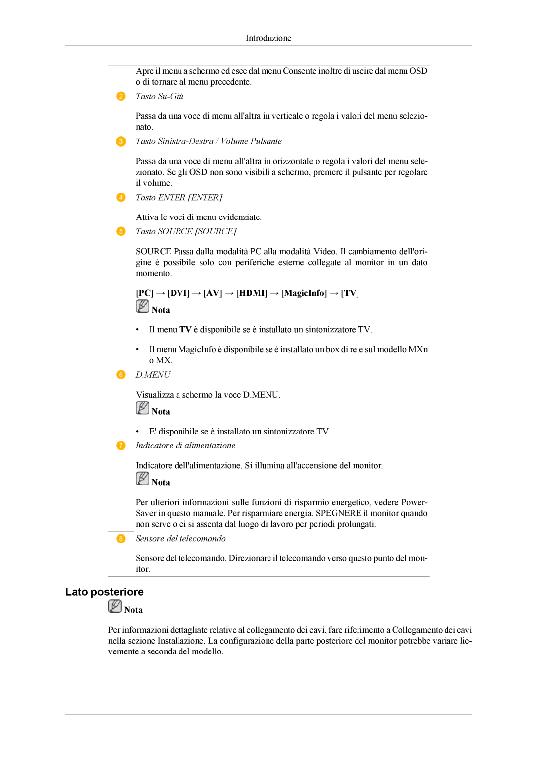 Samsung LH32MGTLBC/EN, LH32MGPLBC/EN manual Lato posteriore, Menu 