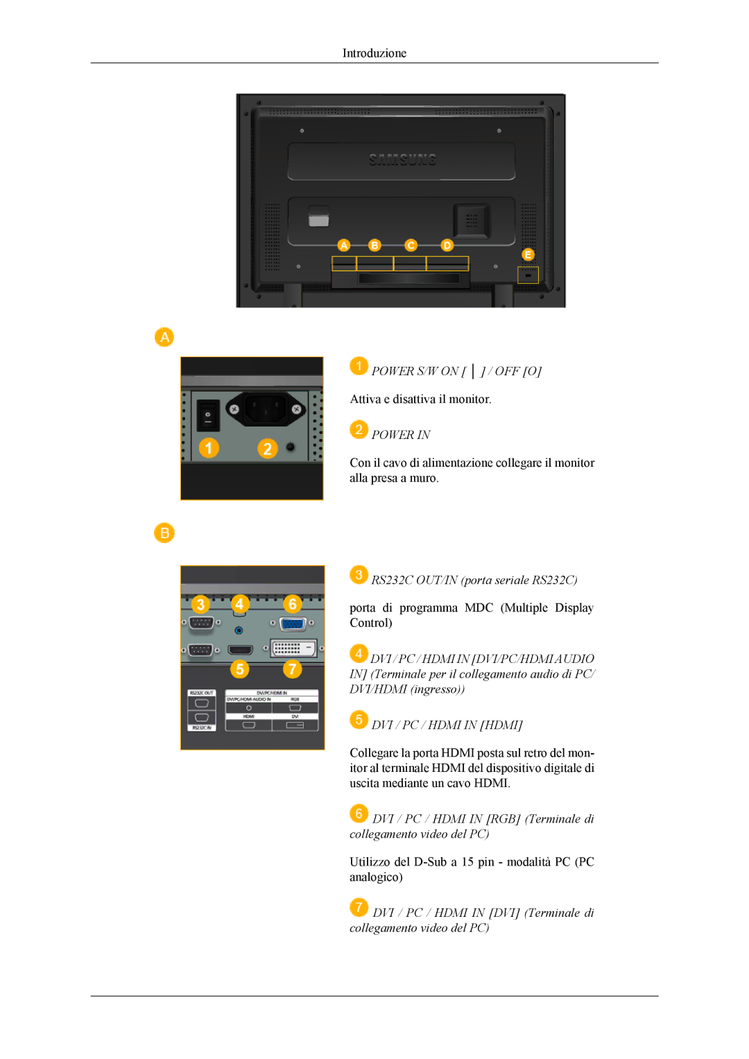 Samsung LH32MGPLBC/EN, LH32MGTLBC/EN Power S/W on / OFF O, RS232C OUT/IN porta seriale RS232C, DVI / PC / Hdmi in Hdmi 