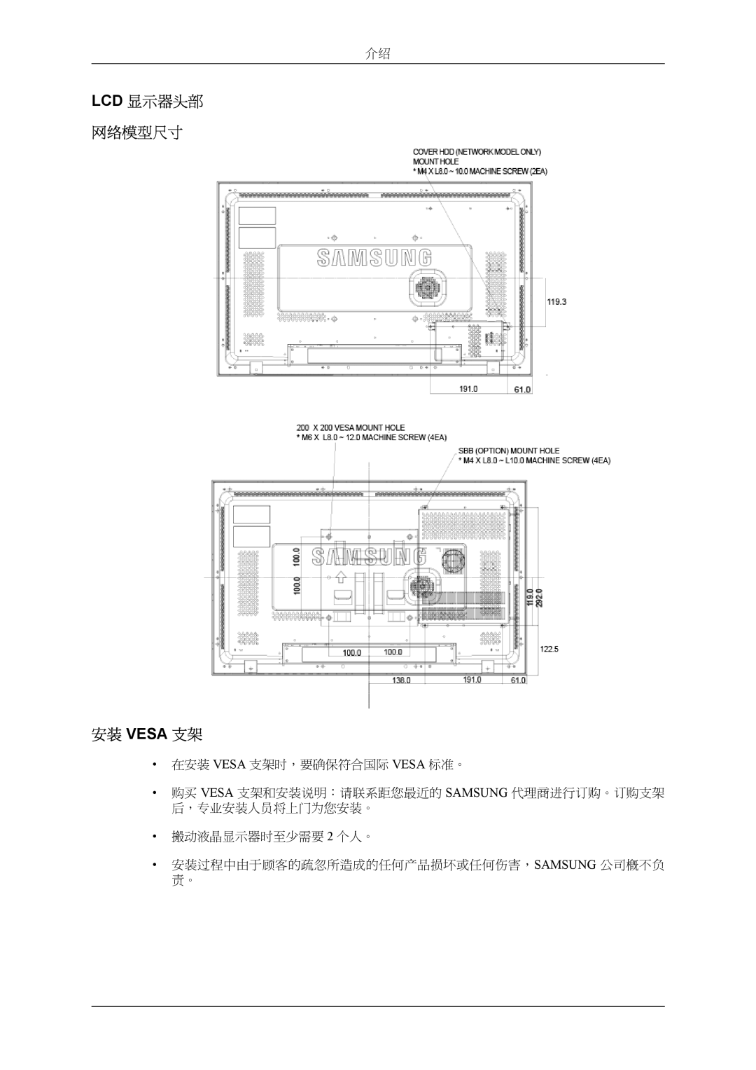 Samsung LH32MGPLBC/EN, LH32MGTLBC/EN manual LCD 显示器头部 网络模型尺寸 安装 Vesa 支架 