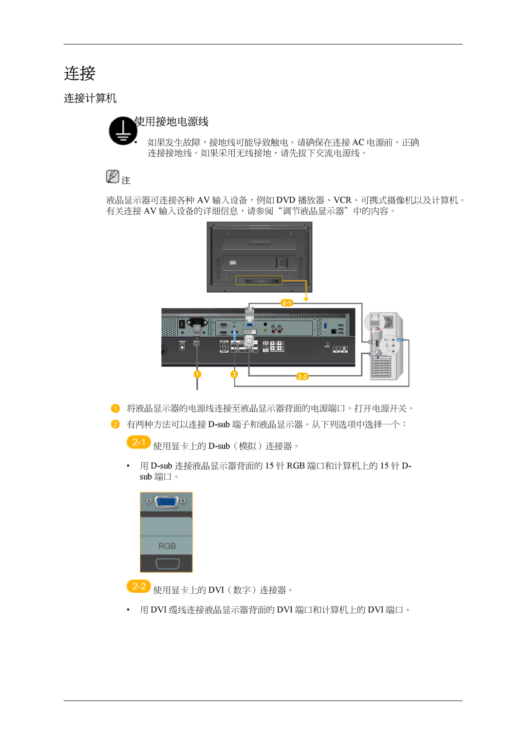 Samsung LH32MGPLBC/EN, LH32MGTLBC/EN manual 连接计算机 使用接地电源线 