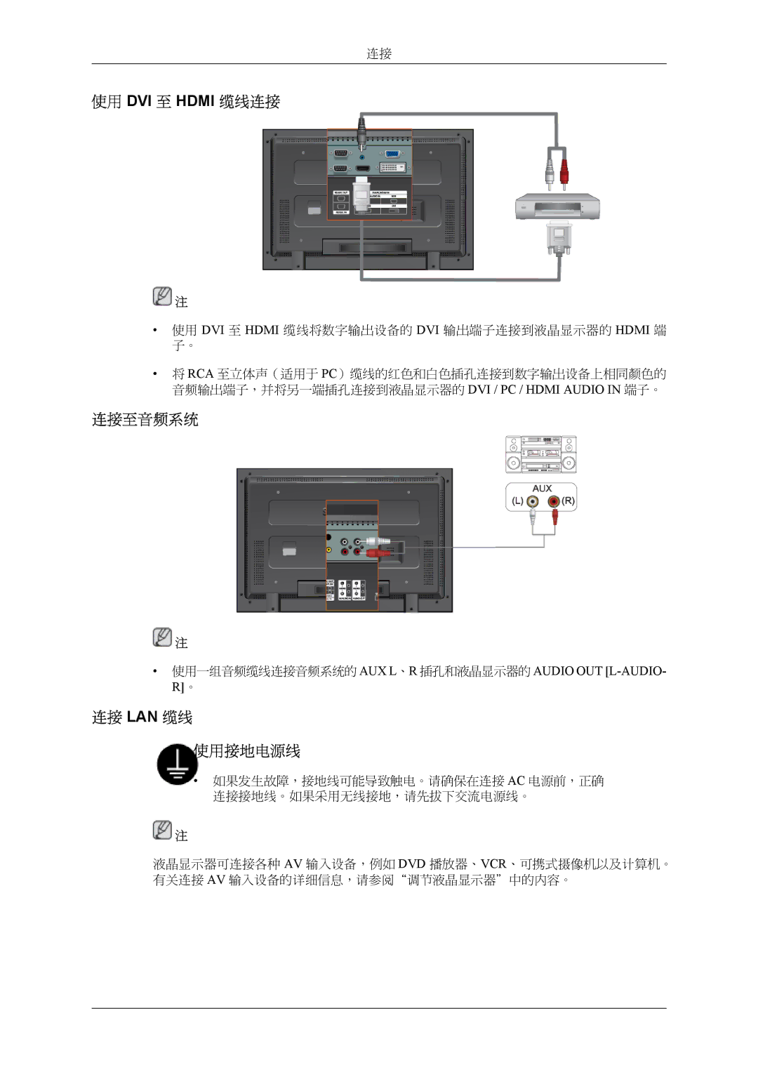 Samsung LH32MGTLBC/EN, LH32MGPLBC/EN manual 使用 DVI 至 Hdmi 缆线连接, 连接至音频系统, 连接 Lan 缆线 使用接地电源线 